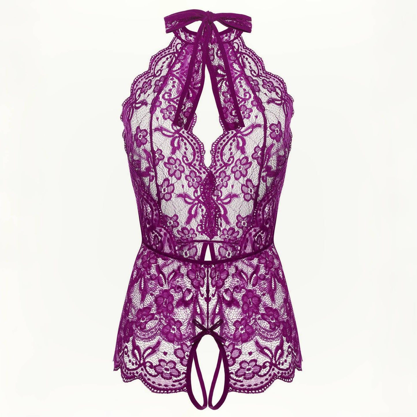 Purple Rose Lace Halter Plunge Crotchless Teddy