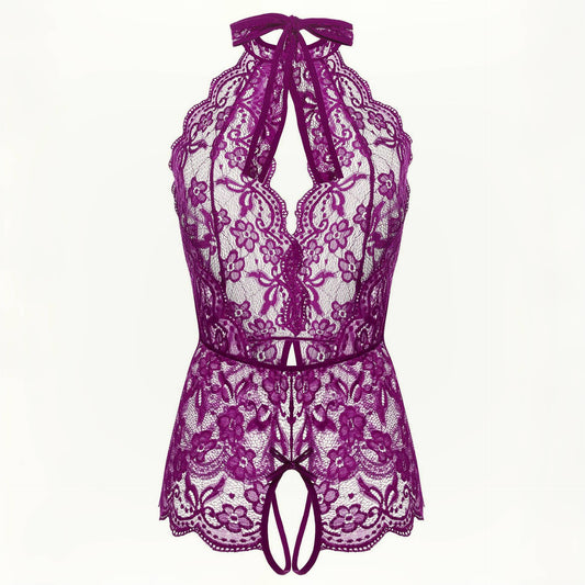 Purple Rose Lace Halter Plunge Crotchless Teddy