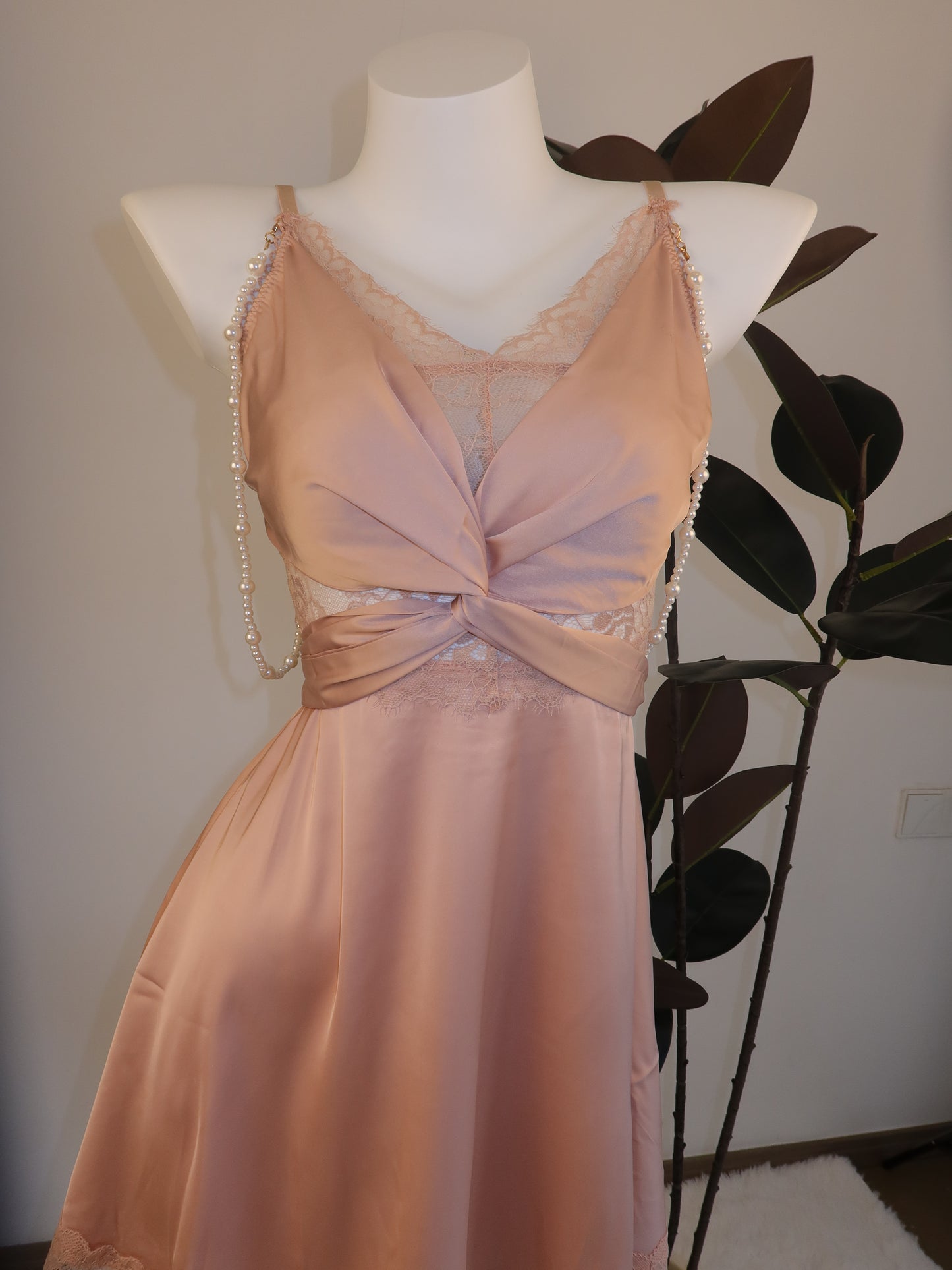 Gathered Bust Lace Insert Pearl Dress in Dusky Pink