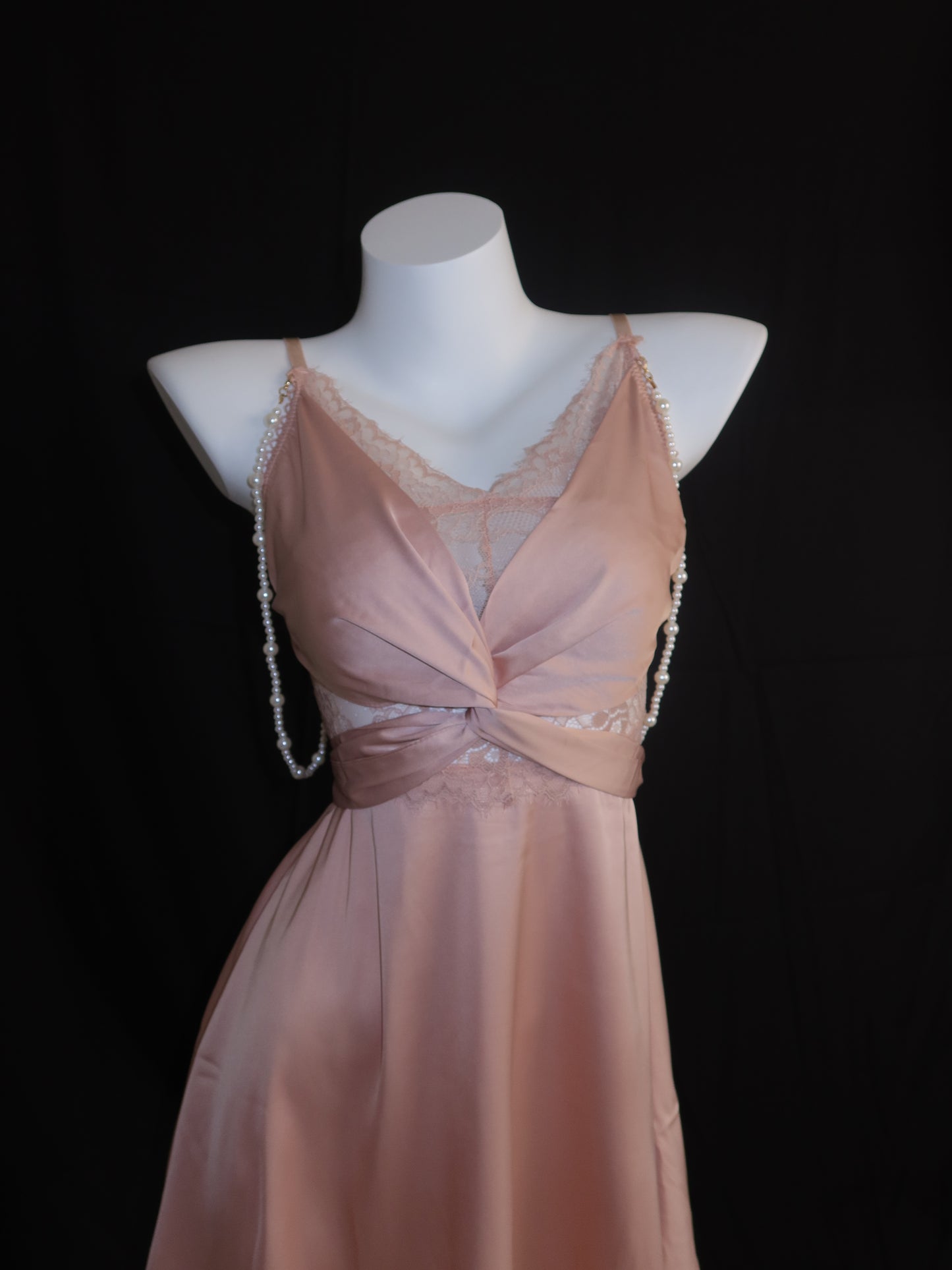 Gathered Bust Lace Insert Pearl Dress in Dusky Pink