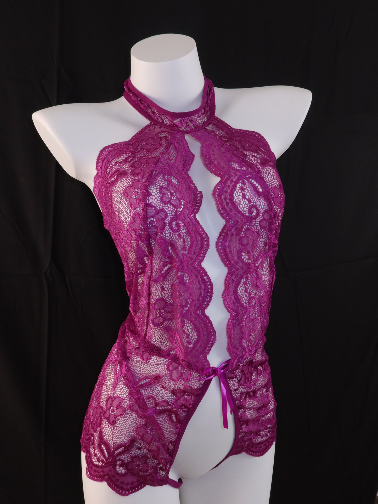 Purple Rose Lace Halter Plunge Crotchless Teddy