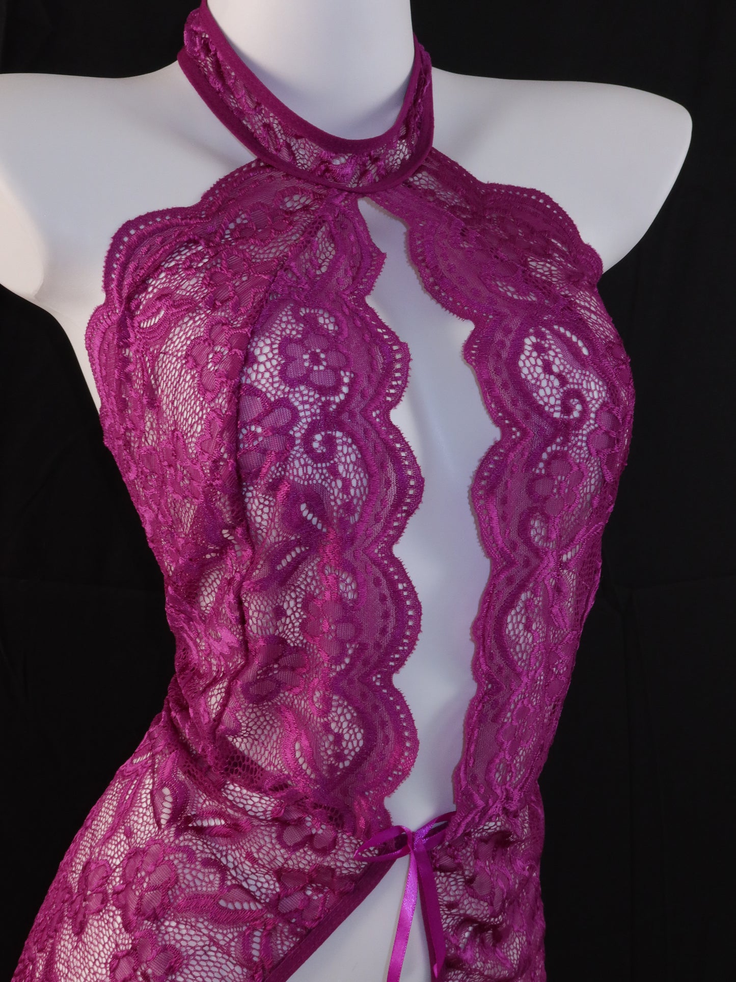 Purple Rose Lace Halter Plunge Crotchless Teddy